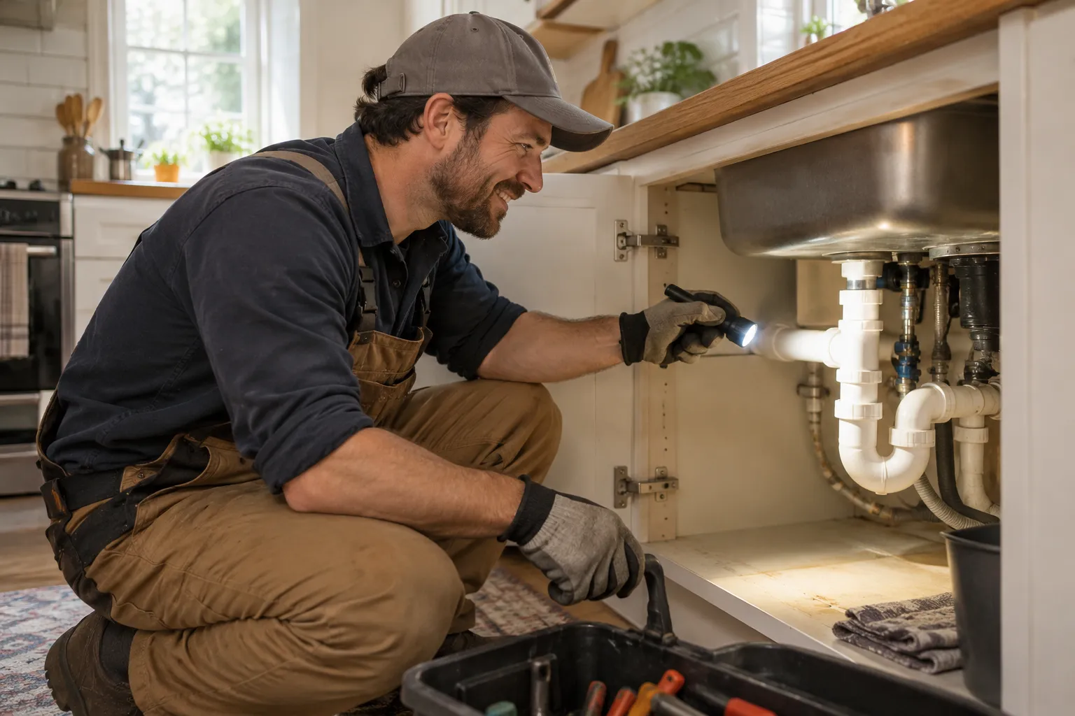 Provider inspecting under a sink for moisture in the Dallas area