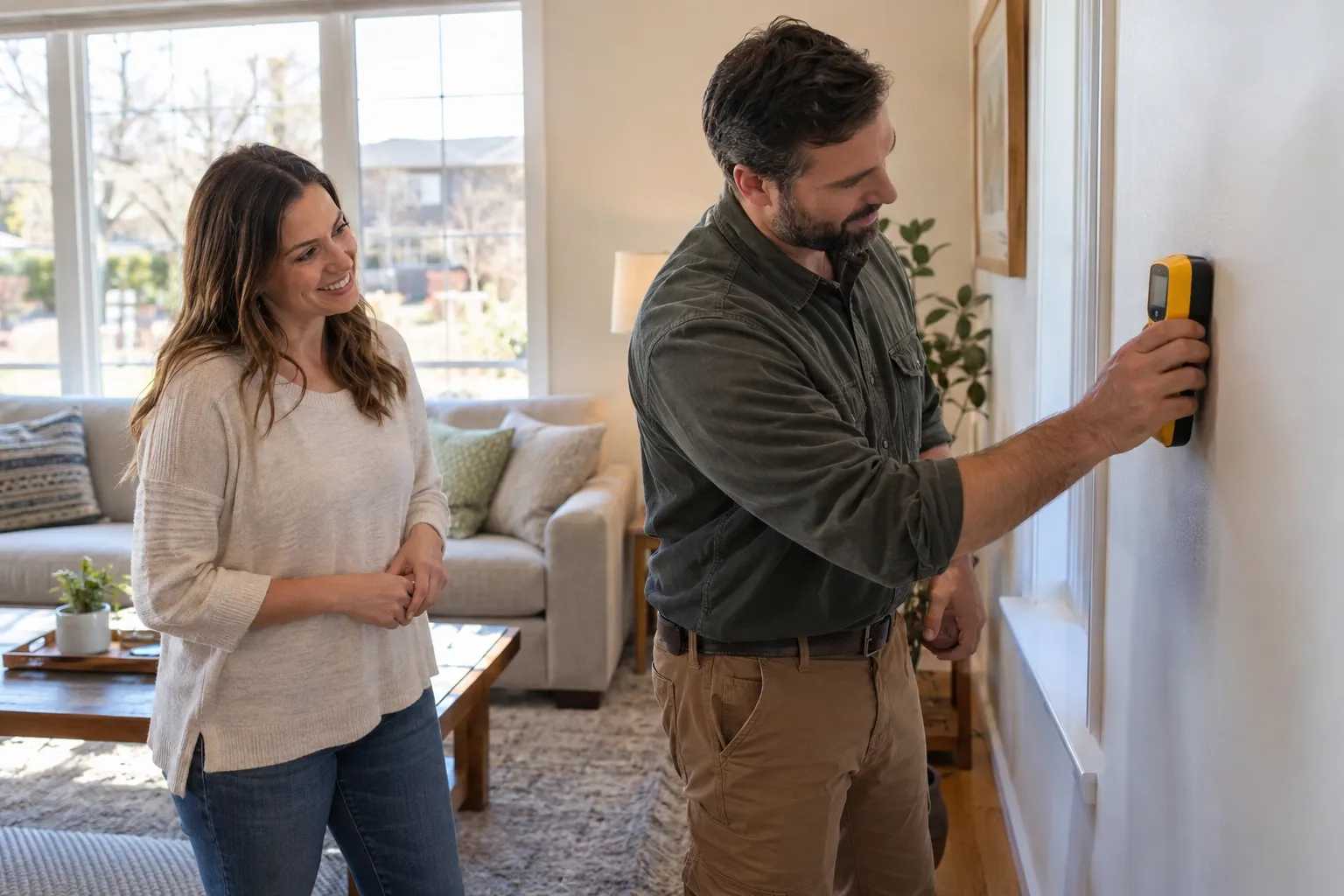 Provider checking a damp wall with a moisture meter in a home in Dallas